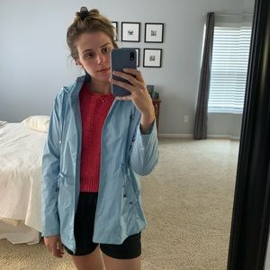 Women’s blue rain coat pea coat mesh hooded waist